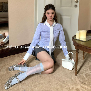 SHE U thirteen lines of sweet and spicy style design waist striped shirt 2024 autumn and winter new all-match slimming top