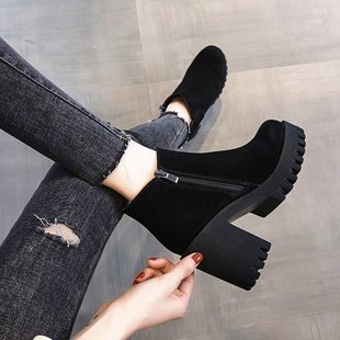 2023 Autumn and Winter Single Boots Thick Heel Naked Boots Short Boots Women's British Style Women's Shoes New All-match High Heel Martin Boots fleece-lined