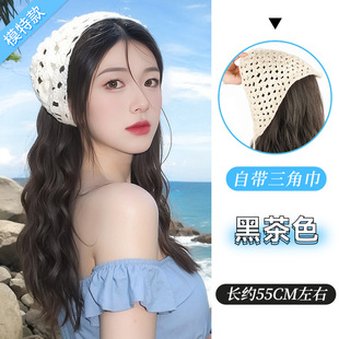 Triangle scarf wig women's full head cover hat hair one-piece fashion simulation hairband long hair natural curly hair half head cover