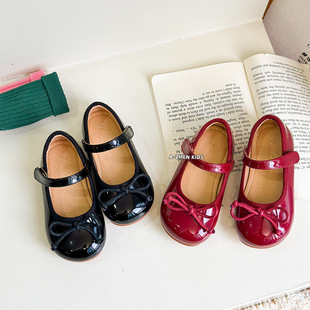 Korean Style Girl's Small Leather Shoes Spring and Autumn New Children's Bow Shallow Mouth Single-layer Shoes Round Toe Baby Girl's Red Princess Shoes
