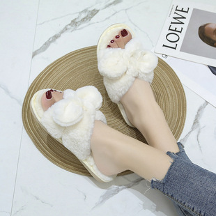 Autumn and Winter Bow Faux Wool Slippers Women's Open Toe Home Indoor Floor Slipper Shoes Sewing Shoes