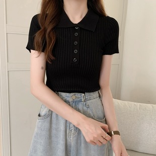 Lapel Knitted Sweater Women's 2022 New Short Inner Base Top Spring and Summer Korean Style Loose Gentle Pullover Sweater