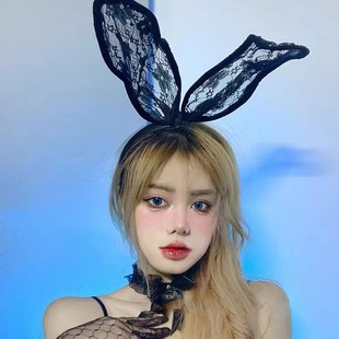 Internet Celebrant Lace Hair Band Black Rabbit Ear Headband Ball Lace Hair Band Women High Sense Party Headwear Wholesale