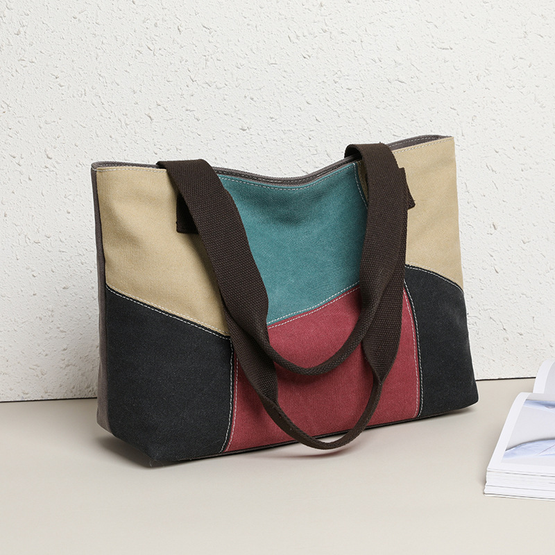 New patchwork canvas women's shoulder bag, large capacity, handbag, crossbody bag, casual ethnic style, color blocking.