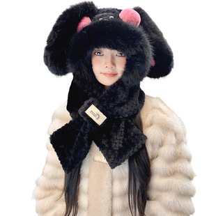 Fluffy Hat Women's Autumn and Winter Scarf Integrated Warm fleece-lined Cycling Scarf Cute Cold-proof Ear Protectors Trendy Cap