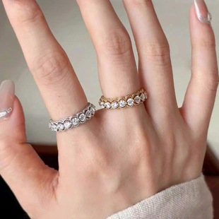 Drill light new open ring round flash women's small row ring antique hollow luxury Joker gold-plated row drill wholesale