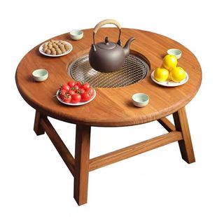 Summer Old Elm Stove Ice Tea Table Internet Celebrity Barbecue Tea Table Outdoor Solid Wood Hole Hot Pot Table with Tools