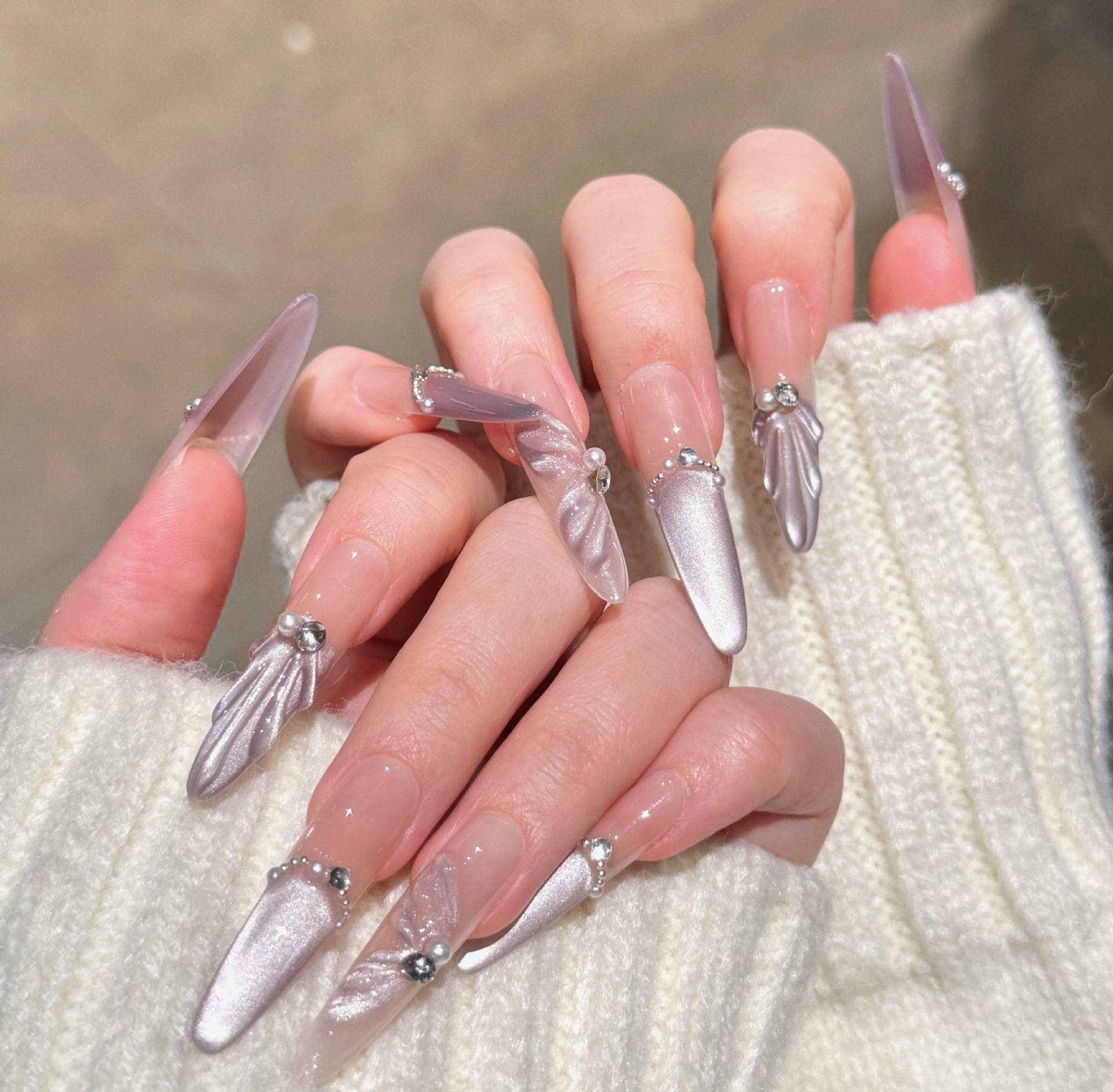 Handmade Pure Desire Style Wearable Nails, Long French Cat-Eye Style New Year Nail Art, Finished Detachable Nail Pieces, Wholesale