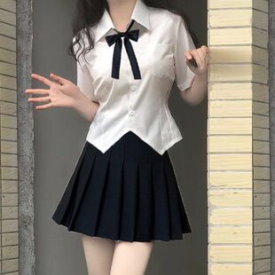Waist-Cinching White Shirt for Female Students Summer Short-Sleeved Shirt Pleated Skirt Suit Pure Desire Jk Uniform Preppy Style Top