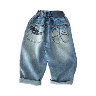 Children's Jeans 2024 Autumn New Boys Trousers Embroidered Soft Western Style Loose Fashionable Boys' Trendy Pants