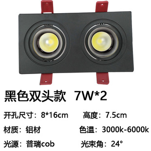 Double-Headed Anti-Glare Spotlight Led Recessed Black Square Cob Tri-Color Dimmable Downlight with Opening 10*20