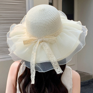 Korean Style New Solid Color Mesh Sun Hat Outdoor Seaside Vacation Sun Hat Lace Ribbon Straw Hat Women's Sun Hat