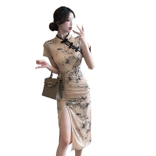 Daily Slim-fit Improved Cheongsam Mesh Printing High-end New Chinese Style Retro Tight Waist Split Hip dress Women