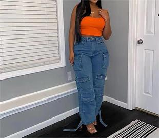 European and American women's cross-border jeans Amazon new hot selling trendy multi-pocket jeans washed overalls