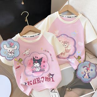 Children's Wear Kulomi Children's T-Shirt Summer Pure Cotton Girls' Short-sleeved T-shirt Color-changing Sequin Pattern Rullage Top
