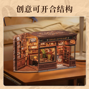 CuteBee corner coffee shop miniature scene model DIY assembled handmade 3D three-dimensional cabin toy gift