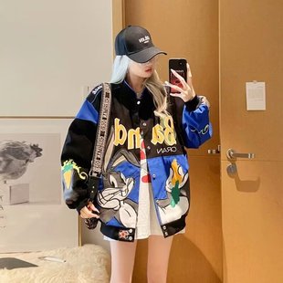 Trendy Brand Jacket 2024 New American Baseball Suit Jacket Women's Spring and Autumn Cartoon Embroidered Motorcycle Loose Cross-border Women's Clothing