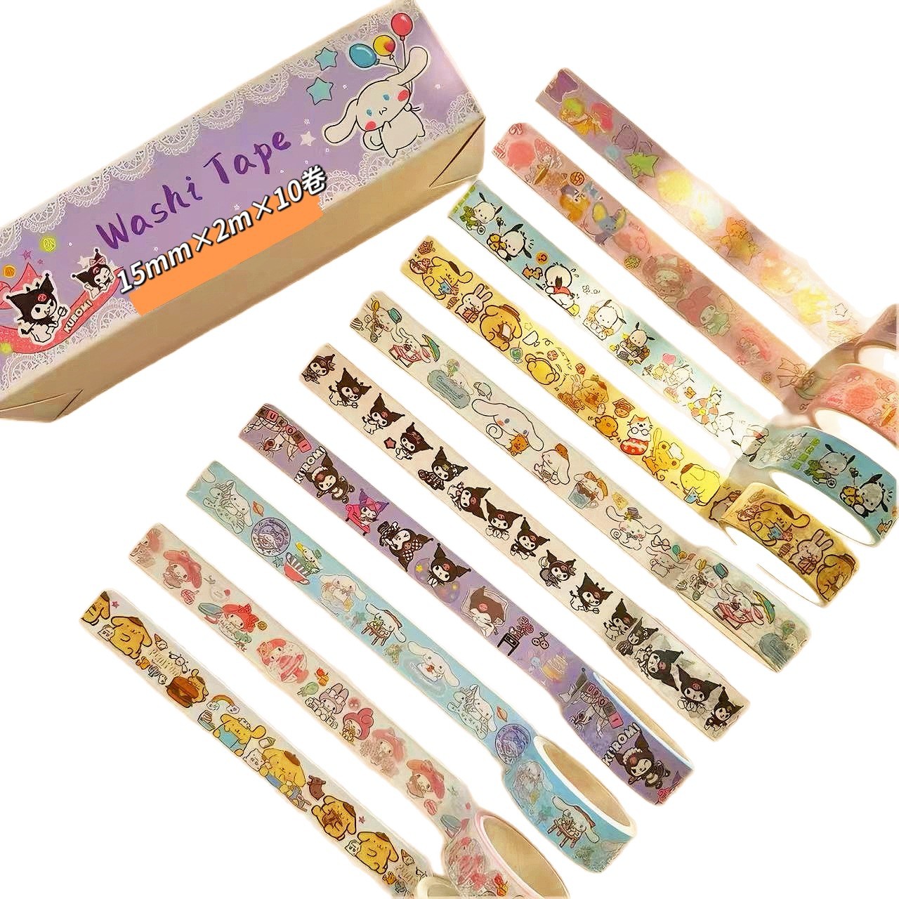 Sanrio Capibara and Washi Tape 10-Roll Set, Cartoon Kuromi Journaling Material Decorative Stickers