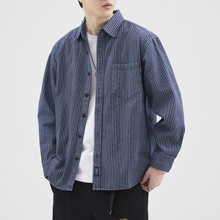 Men's 2023 New striped shirt coat men's long-sleeved casual top versatile Denim shirt men's spring and autumn