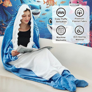 Cute Adult Shark Hoodie Shark Blanket Hoodie Wearable Blanket Super Soft Flannel Sleeping Bag Kick-proof quilt
