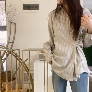 South Korea small car Jingyuan with GR embroidery loose side buckle waist long sleeve striped shirt