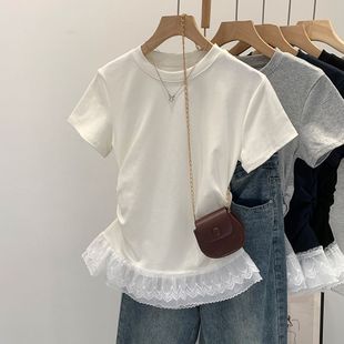 Western Style Design Sense Lace Bottom Round Neck Short-sleeved T-shirt Women's 2025 New Slim-fit Slimming Base Shirt Top Trendy