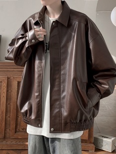 American Style Retro Leather Jacket Men's Autumn and Winter High-end Feeling Reffin Handsome Trendy Casual Loose Leather Lapel Jacket