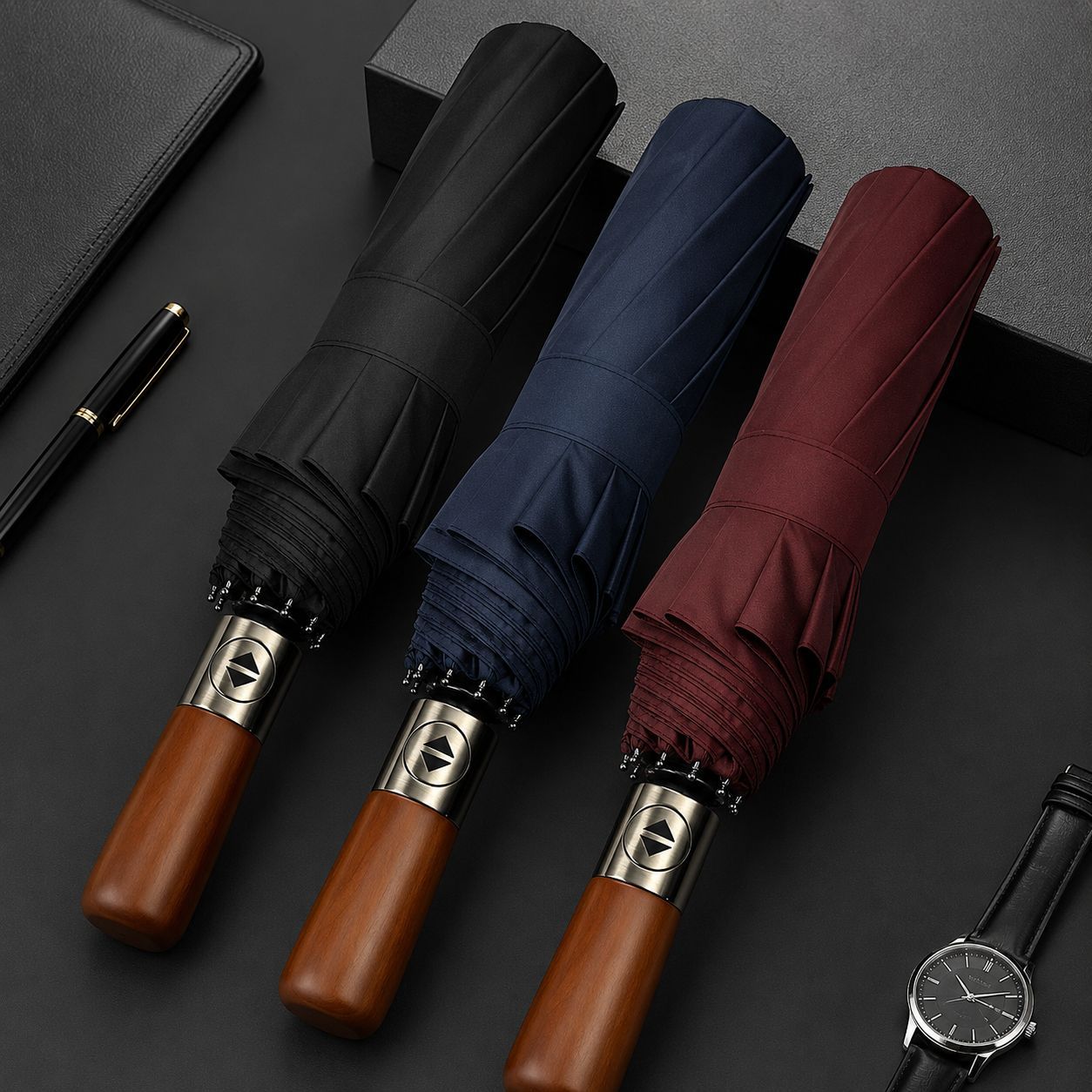 Fully automatic wooden handle umbrella, men's business advertising umbrella, women's dual-use folding umbrella for both sunny and rainy days, reinforced and enlarged
