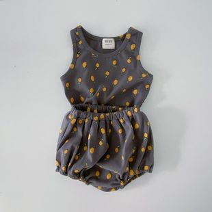 Japanese and Korean children's clothing 2023 Korean summer new children's suit fashion cute printed sleeveless shorts suit