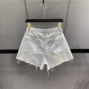 South Korea Labeling Versatile Slimming Denim Shorts Women's 2024 Summer Fashion High Waist light blue Wide Leg Hot Pants