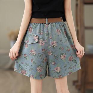 Real Shot in stock plus size Women's Pants Summer Retro Denim Printed A- line Loose Wide-leg Shorts