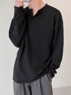 Solid Color Long-sleeved T-shirt Men's Spring and Autumn New Loose Henry Collar Base Shirt Trendy Design Sense Top