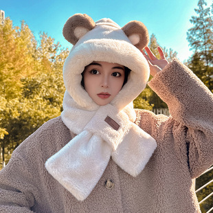 Bear hat autumn and winter women's scarf winter scarf cute warm plush winter three-piece gloves one-piece hooded