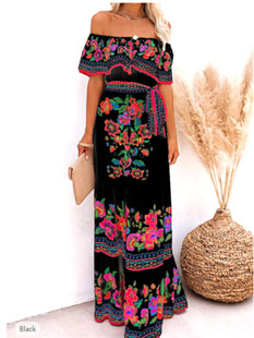 Bohemian Seaside Beach Vacation Casual Printed Chiffon Large Flower Women's Long Large Swing dress
