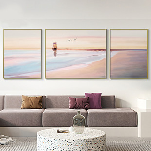Pink Seascape Living Room Decorative Painting Modern Simple Sunrise Sofa Background Wall Hanging Painting Nordic Style Triple Mural