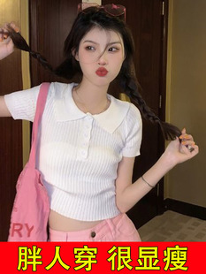 Solid Color Polo Collar Knitted T-Shirt Short-sleeved Women's Summer Explosions plus size Slimming Lapel Short-sleeved All-match Hot Girl Top