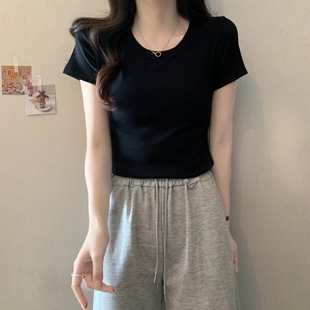 Solid Color Round Neck Shoulder Short-sleeved T-shirt Women's Pure Cotton 2024 Summer New Pullover Slim-fit Slimming Short Top