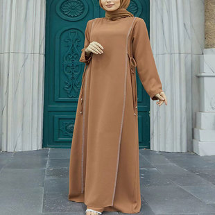 Middle Eastern Skirt Muslim Qatari Cross-Border Abaya Robe Rhinestone Women's Crewneck Solid Color Long Sleeve Dress