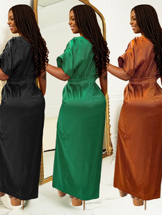 Cross-border AliExpress Amazon Independent Station European and American Fashion plus size Women's Short Sleeve Belt dress Solid Color New
