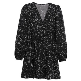 Hong Kong Style Black V-neck Wave Dot Chiffon dress Women's Early Spring New Style Elegant Waisted Skirt Korean Style Chic Skirt