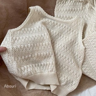 Girls' Korean Style Fashionable Western Style Hollow Knitted Sleeveless suit Summer Cool Vest Baby's Lace-up Wide Leg Trendy Pants