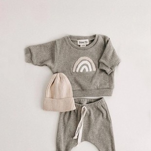 Children's Cotton suit Baby Baby European and American Rainbow Letter Towel Embroidered Boys' and Girls' Sweat Trousers Two-Piece Set