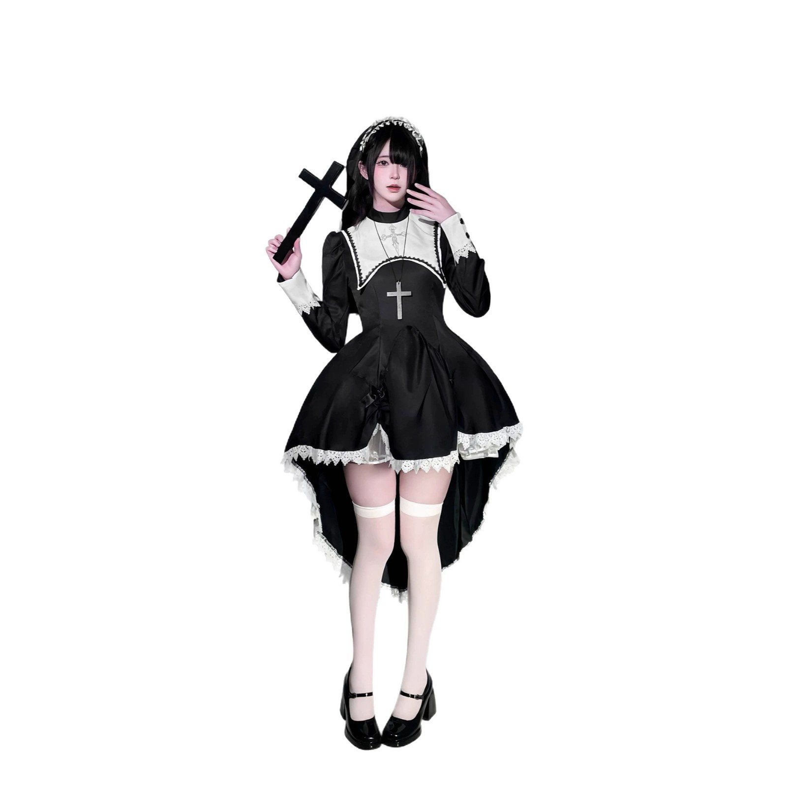 Cross-Border New Product: Dark Style Sweet-Cool Embroidered Cross Halloween Nun Costume Cos Performance Outfit Subculture
