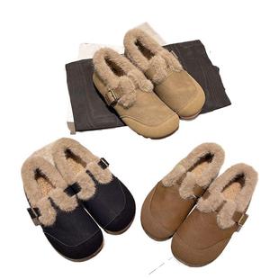 2024 Winter New Vintage fleece-lined Comfortable All-match Women's Round Toe Flat Slip-on Warm Bean Shoes Women's Frosted