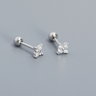 YHE0624 Four-leaf Clover Piercing Earrings s925 Silver Ins Floral Zircon Thread Ear Nail Overlapped Earrings for Women