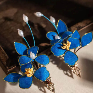 Vintage Flower Hairpin Flat for Velvet Flower Antique Style Headwear Handmade New Chinese Style Blue Hanfu National Style Accessories Headwear for Women