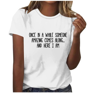 Foreign Trade Amazon Ebay Wish European and American Cross-Border Hot Selling Letter Printed Round Neck Pure Cotton Short-Sleeved T-Shirt Women's Fashion
