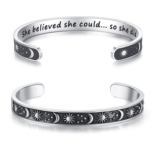 Amazon cross-border hot selling stainless steel laser lettering open bracelet Sun Moon star English inspirational C- shaped bracelet