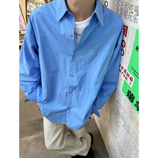 Korean Style Teenage Style Wear Blue Shirt Men's Style Cotton Loose cleanfit Shirt Long Sleeve Spring and Autumn