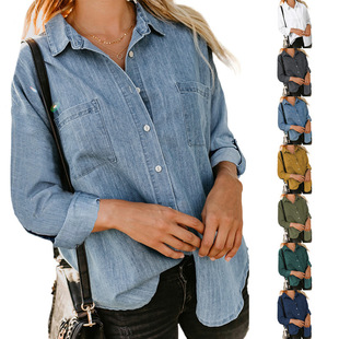 2024 Amazon Women's Denim shirt Spring and Autumn New loose double pocket long sleeve all-match casual coat shirt
